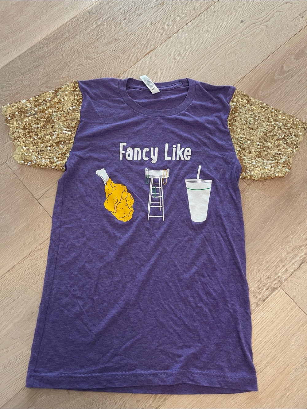 Bella Canvas Mardi Gras Purple Tee with Gold Sequin Sleeves Womens XS